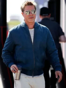 Brad Pitt F1 Blue Bomber Leather Jacket Front View