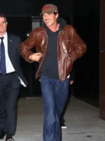 A high-quality brown leather jacket with a shirt-style collar, as seen on Jacob Elordi.