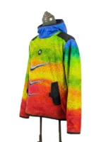 Three Quarter Studio Perspective of Multi Color Rainbow Fleece Pullover Hoodie with High Gaiter Balaclava Collar and Stacked Chrome Graphics