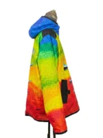 Side Profile of Multi Color Rainbow Fleece Pullover Jacket Displaying Sleeve Alignment and High Scuba Hood Structure