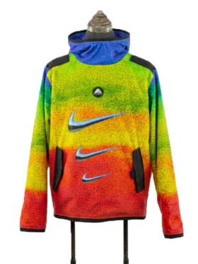 Vibrant Rainbow Gradient Fleece Pullover Hoodie Featuring a High Gaiter Collar and Metallic Branding Graphic on Front