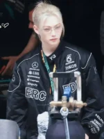 Close-up of the front closure on the Chinese Grand Prix F1 Felix Bomber Jacket.