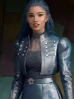 Close-up of the front closure on the Chloe Blue Leather Jacket.