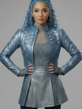 Front view of the vibrant Chloe Blue Leather Jacket.