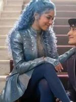 Side profile view of the Chloe Blue Leather Jacket.