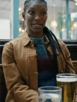 Christophers Michaela Coel Brown Jacket front view showing the clean cotton design and structured fit