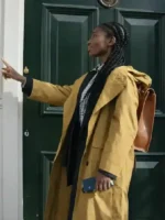 Christophers Michaela Coel Hooded Coat full view look in mustard cotton