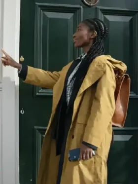 Christophers Michaela Coel Hooded Coat full view look in mustard cotton