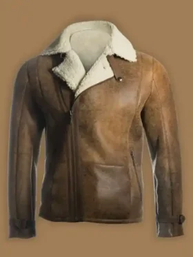 Distressed Shearling Leather Jacket Front View