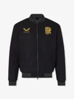 Front view of the unisex black England Rugby bomber featuring gold co-branded logos.