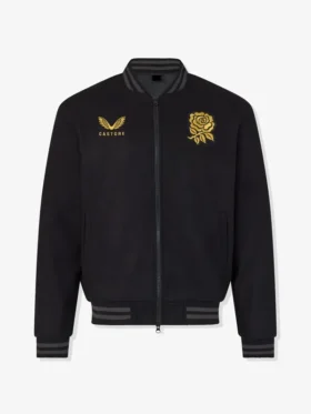 Front view of the unisex black England Rugby bomber featuring gold co-branded logos.