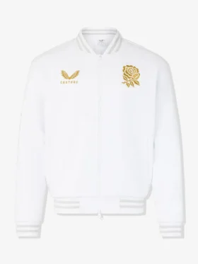 Front perspective of the white England Rugby bomber with contrast rib-knitted trims.