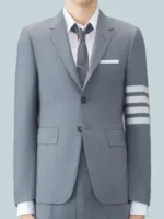 A full styling shot of the Gunther Forst The Beauty Stripe Blazer.