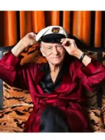 Front view of the Hugh Hefner Red Velvet Coat Costume.