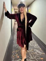 A full style look of the Hugh Hefner Red Velvet Coat Costume.