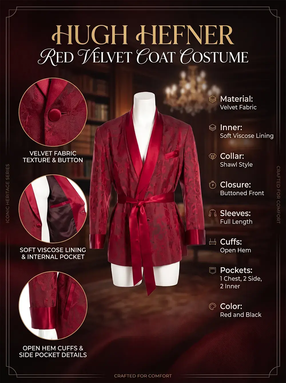 a red and black velvet smoking jacket featuring a satin shawl collar, matching waist tie belt, and soft interior lining.