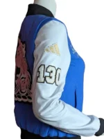 Front view of 2026 marathon celebratory blue varsity jacket.