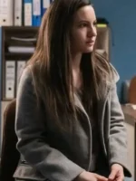 Close-up of the front closure on the Ivana Baquero Grey Jacket.