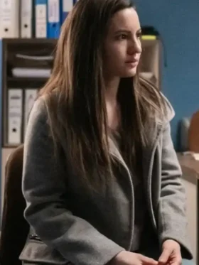 Close-up of the front closure on the Ivana Baquero Grey Jacket.