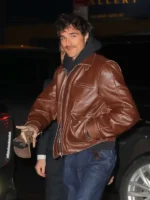 Jacob Elordi’s signature brown leather jacket from the Frankenstein movie press tour.
