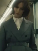 Close-up of the front closure on the Jordan Bennett The Beauty Grey Blazer.