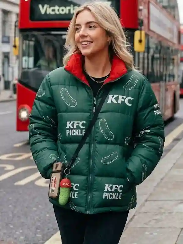 KFC UK Pickle Puffer Jacket Front View Front view of the vibrant KFC UK Pickle Puffer Jacket.