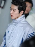 Side profile of the Keonho Cortis Silver Striped Track Jacket.