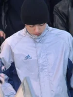 Full styling shot of the Keonho Cortis Silver Striped Track Jacket.