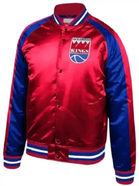 Front view of the classic Kings Red and Blue Satin Jacket.