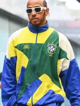 Front view of the vibrant Lewis Hamilton Brazil Track Jacket.