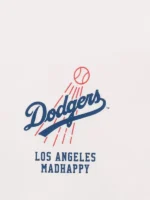 Detailed design view of the Madhappy x MLB Dodgers White Hoodie.