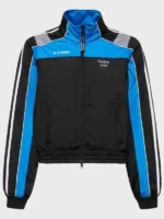 Front perspective of the Martine Rose blue and black track jacket with a stand-up collar.