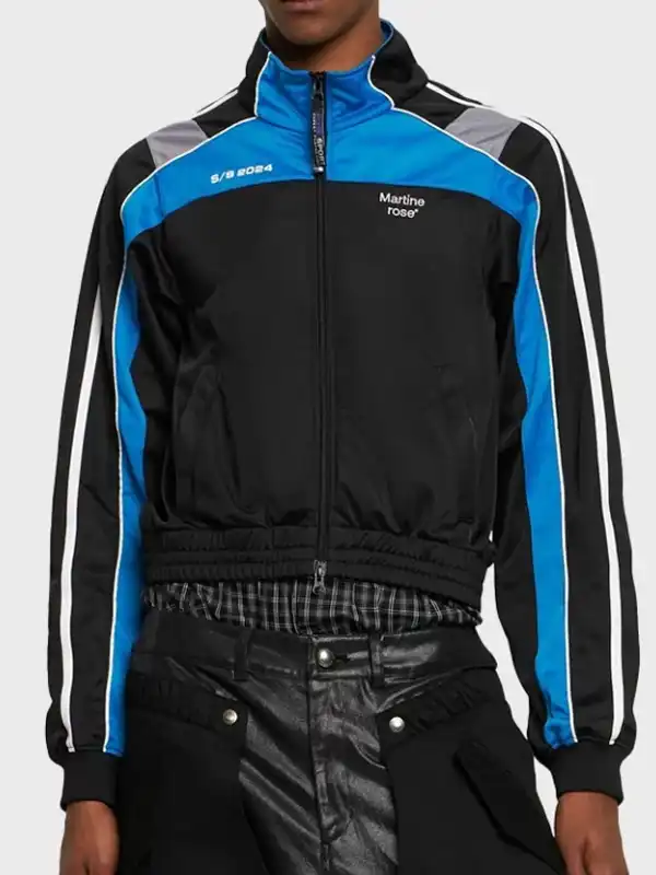 Martine Rose Track Jacket Full View A full-length view of the unisex Martine Rose sport tracksuit jacket in blue and black.
