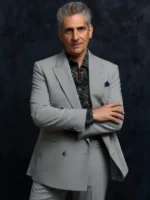 Close-up of the front buttons on the Memory of a Killer Dutch Grey Blazer.