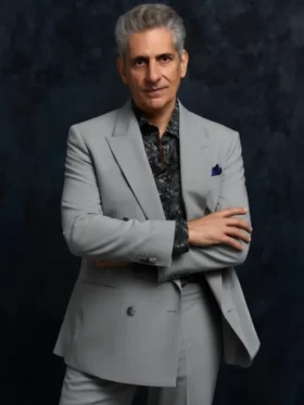 Close-up of the front buttons on the Memory of a Killer Dutch Grey Blazer.