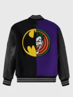Back view of the iconic OVO Batman Joker Split Varsity Jacket.