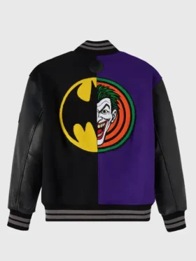 Back view of the iconic OVO Batman Joker Split Varsity Jacket.