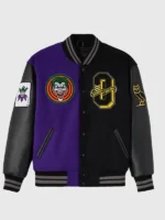 Front view of the classic OVO Batman Joker Split Varsity Jacket.