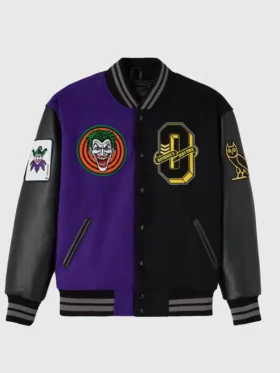 Front view of the classic OVO Batman Joker Split Varsity Jacket.