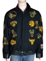 Black wool varsity jacket with gold basketball team logos.