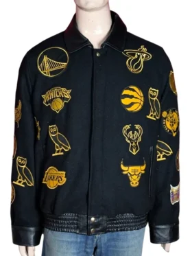 Black wool varsity jacket with gold basketball team logos.
