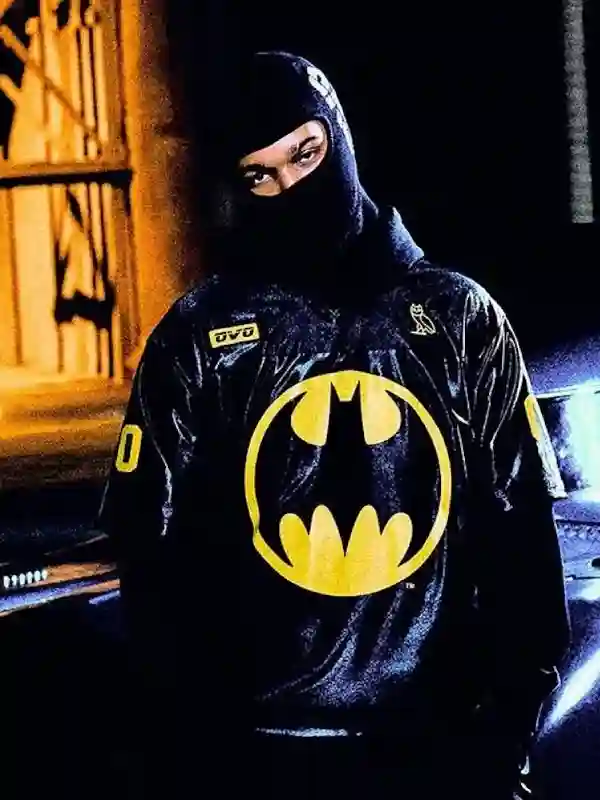 OVO x Batman x The Joker Black Hoodie Front View Front view of the OVO x Batman x The Joker Black Hoodie.