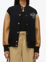 Close-up of the front closure on the Phillip Lim x BOP Boxy Varsity Jacket.