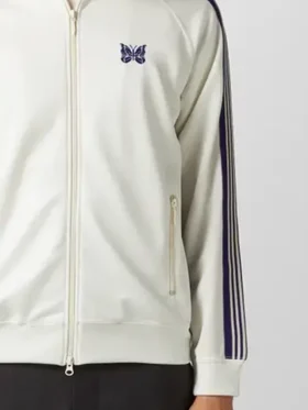 closure view of the zipper closure on the Poly Smooth Track Jacket White.