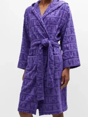 Front view of the luxurious Purple Versace Robe for Men and Women.