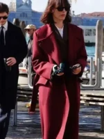 Close-up of the front closure on the Rebecca Hall The Beauty Maroon Coat.