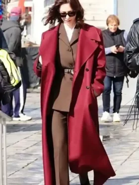 Front view of the classic Rebecca Hall The Beauty Maroon Coat.