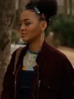 Close-up of the fabric on the Scream 7 Celeste O’Connor Maroon Jacket.