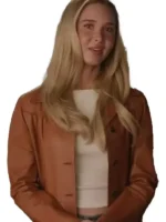 Close-up of the front closure on the Isabel May Brown Leather Jacket.