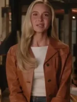 Front view of the Scream 7 Isabel May Brown Leather Jacket.